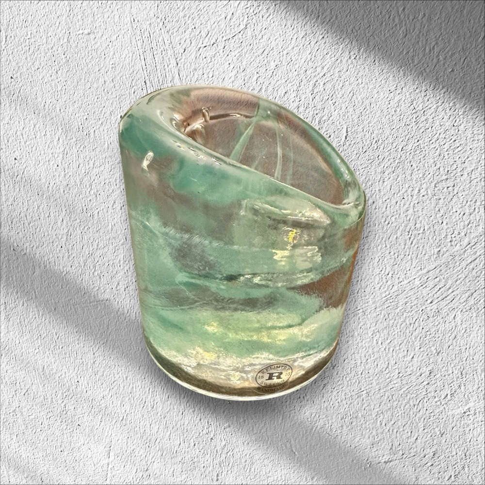 Reijmyre Sweden Round Sea Blue/Clear Glass Votive Candle Holder 3"x 3" - Picture 12 of 16